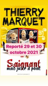 affiche de spectacle "saignant mais juste à point" de thierry marquet au cafe theatre à biarritz