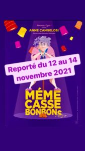affiche du spectacle humour Anne Cangelosi Mémé casse-bonbons, café théâtre Le Petit Bijou Biarritz