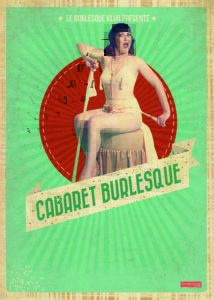 Affiche du spectacle Cabaret burlesque Une femme en tenue légère assise devant une ombrelle colorée