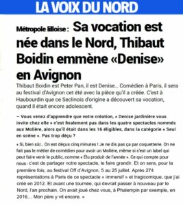 Article dans La Voix du Nord sur la pièce "Denise Jardinière"