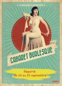 Affiche du spectacle Cabaret burlesque Une femme en tenue légère assise devant une ombrelle colorée
