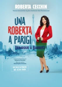 Affiche "Una Roberta a Parigi" Elle même sur fond bleu en tailleur rouge et vert