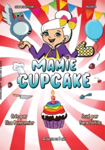 Affiche Mamie Cupcake avec mamie cupcake et un beau gâteau avec une bougie allumée