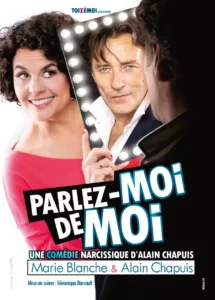 Affiche de la comédie "Parlez moi de moi" un couple face à face, lui se regarde dans un miroir interposé entre eux