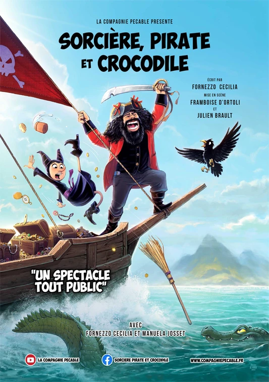Affiche "Sorciere pirate et crocodile" la proue d'un bateau de pirate avec son capitaine, sabre au clair