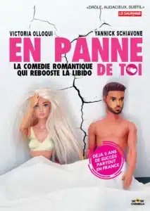 Affiche de "En panne de toi" Barbie et Ken dans un lit, et adossés à un mur fissuré ..