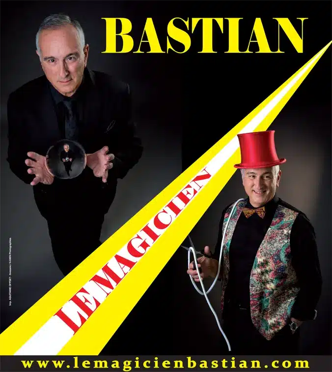 Affiche du spectacle de magie pour enfants "Le tour du monde de la magie" avec Bastian et son chapeau rouge !