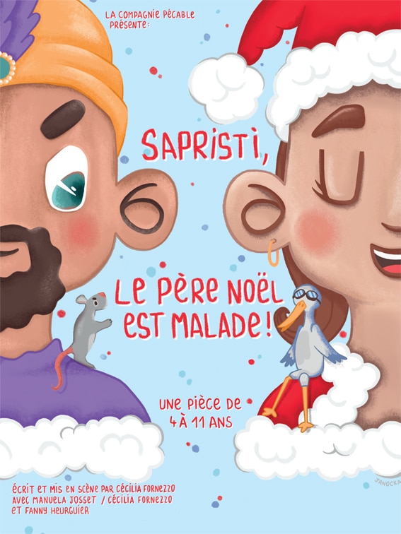 Affiche de "Saprisiti le père Noël est malade" : un dessin avec Mère Noël et Malin Lutin de face
