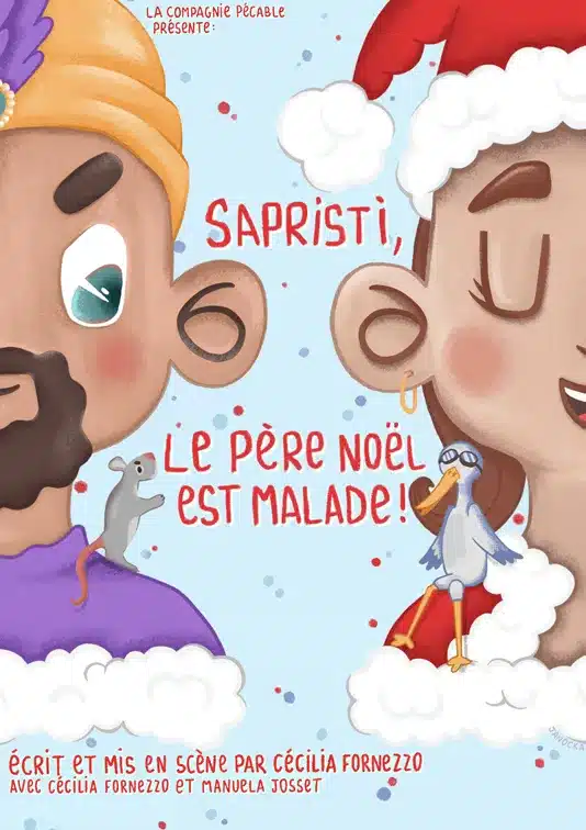 Affiche de "Saprisiti le père Noël est malade" : un dessin avec Mère Noël et Malin Lutin de face