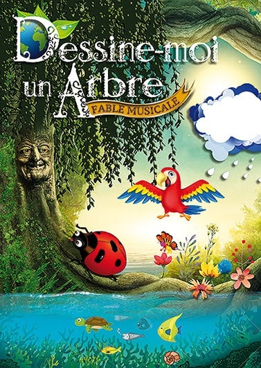 Affiche de "Dessine moi un arbre", un dessin avec un arbre ressemblant à un saule pleureur, au bord d'un cours 'eau, une coccinelle et un perroquet ..