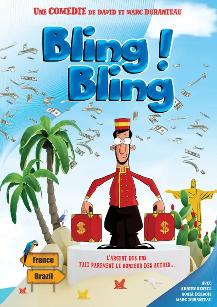 Affiche du sectacle "Bling Bling". Le dessin d'un groom portant deux valises marquées d'un signe dollar, près de cocotiers