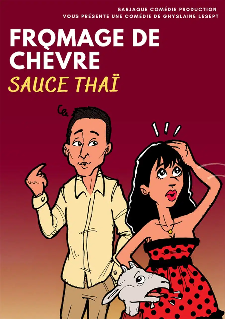 Affiche "Fromage de chèvre sauce Thaï". Dessin d'un couple
