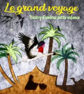 Affiche de "Le grand voyage" une ile avec des palmier traversée par un grand oiseau en vol qui emporte un bonhomme avec lui