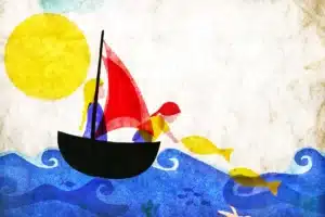 Image du spectacle Petit nain à la mer, un petit voilier sur la mer, avec deux personnes dedans, l'une se penche pour toucher un poisson