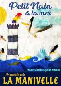 Affiche de Petit n ain à la mer, un phare noir et blanc dans l'océan, un oiseau vole près du sommet du phare ou un enfant se penche vers lui