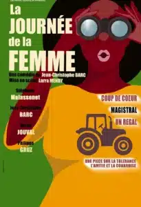 Affiche de "La journée de la femme" Dessin d'une femme, en sweat jaune avec un tracteur devant, qui regarde dans des jumelles