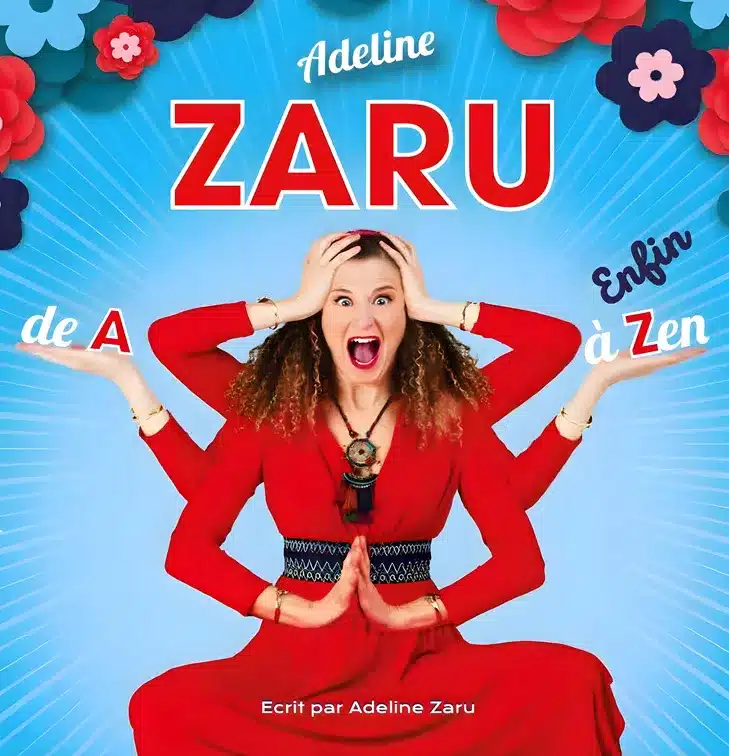 Affiche Adeline Zaru assise en tailleur et robe rouge, ses six bras en action