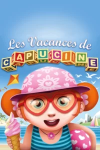 Affiche pour "Les vacances de Capucine", un dessin d'une petite fille avec unchapeau rose à motifs blancs, un cerf-volant et des oiseaux en fond