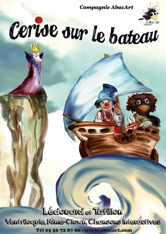 Affiche de "Cerise sur le bateau" dessin d'une ile une vague surmontée d'un voilier avec deux personnages