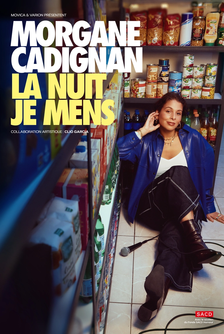 Affiche de Morgane Cadignan dans "La nuit je mens". Elle est assise par terre dans une épicerie de nuit, le micro près d'elle, souriante, amusée