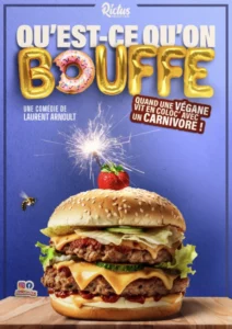 Affiche du spectacle Qu'est ce qu'on bouffe : un hamburger avec un bâton de dynamite allumé au dessus