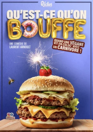 Affiche du spectacle Qu'est ce qu'on bouffe : un hamburger avec un bâton de dynamite allumé au dessus
