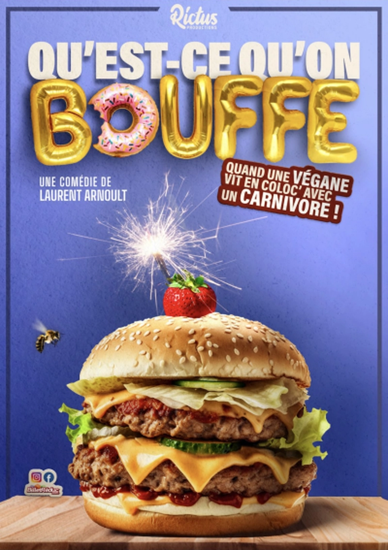Affiche du spectacle Qu'est ce qu'on bouffe : un hamburger avec un bâton de dynamite allumé au dessus