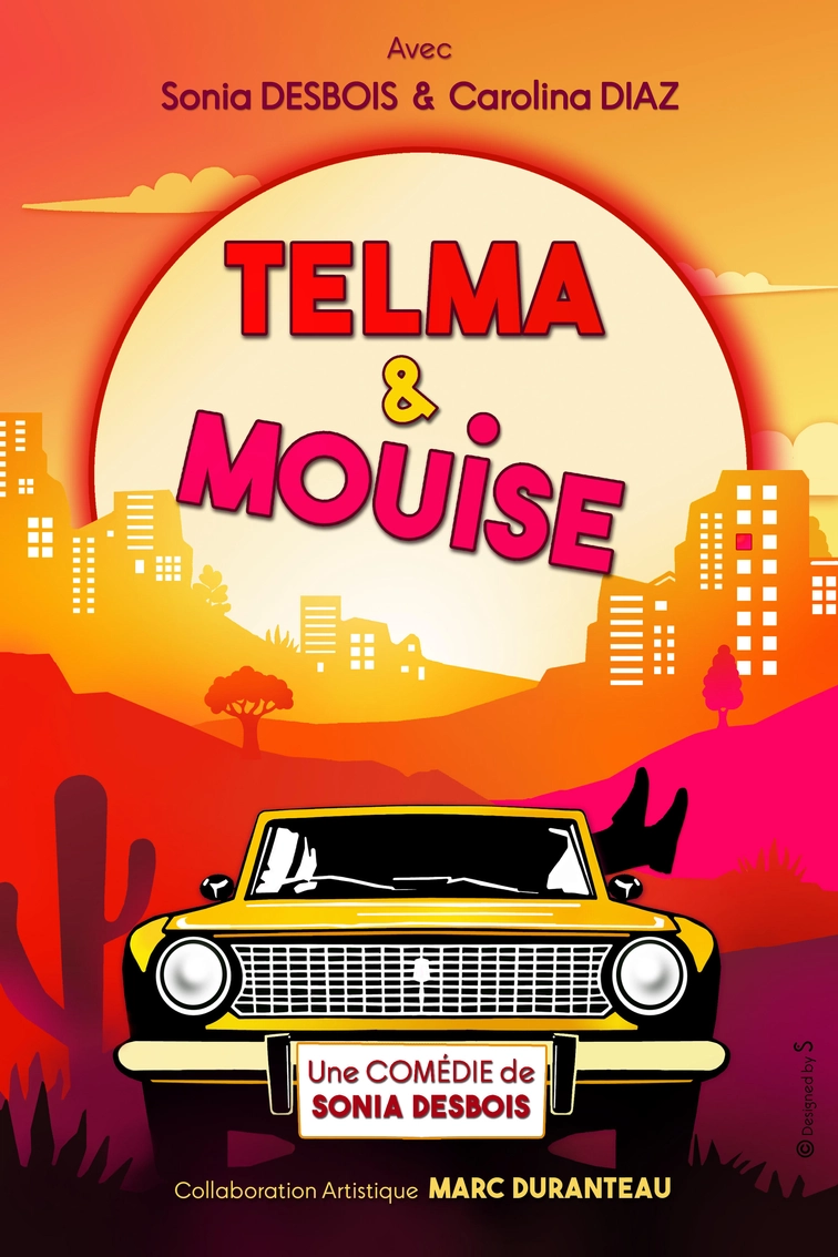 Affiche de Temlma et Louise dessin genre BD d'un désert devant une cité et en premier plan le capot d'une voiture jaune