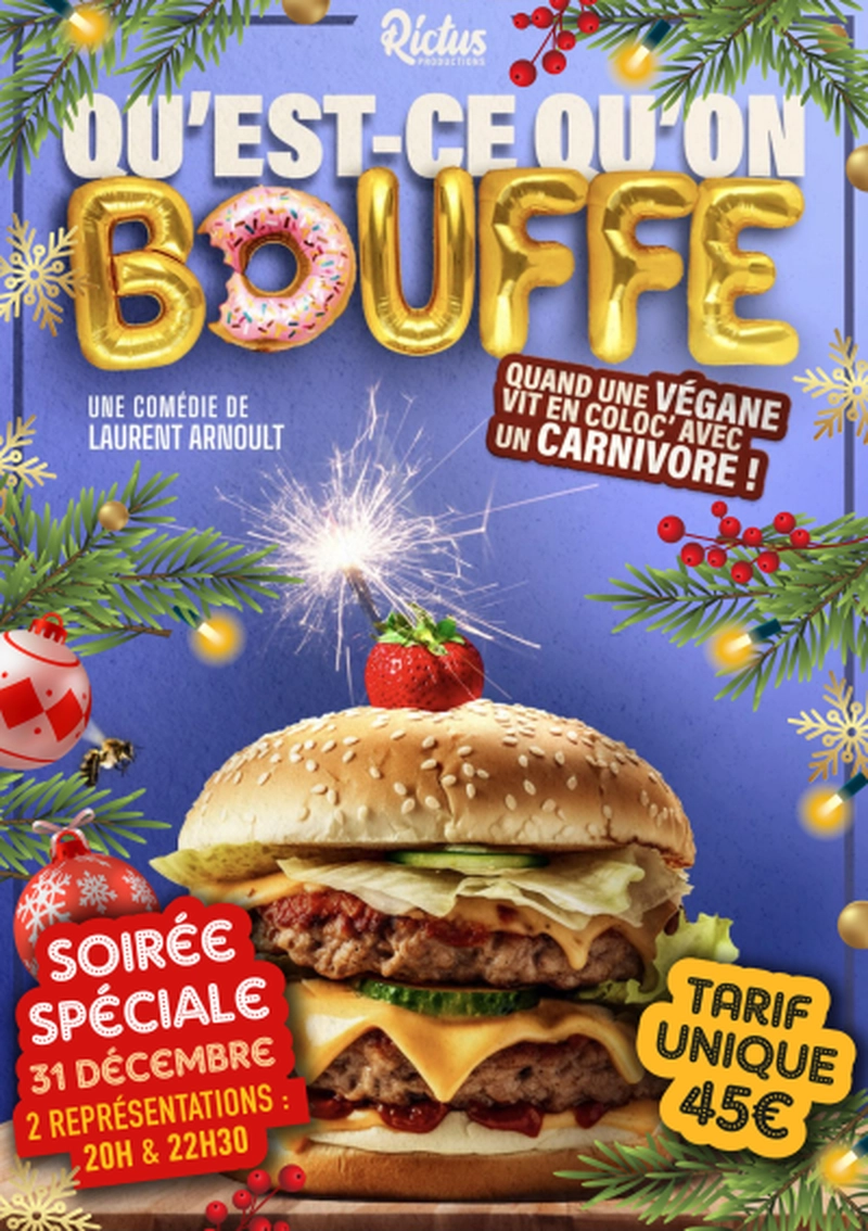 Affiche du spectacle Qu'est ce qu'on bouffe : un hamburger avec un bâton de dynamite allumé au dessus. Partout des décorations de Noël