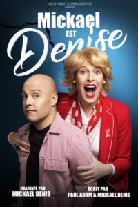 Affiche de "Incontrolable", le spectacle de Mickael Denise. Photo portrait d'elle toute blonde et lui tout chauve !