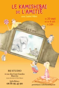 Affiche Kamishibaï de l'amitié. Un dessin de Kamishibaï (théâtre en papier) avec des anfants tout autour