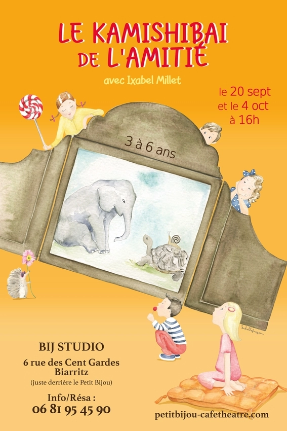 Affiche Kamishibaï de l'amitié. Un dessin de Kamishibaï (théâtre en papier) avec des anfants tout autour
