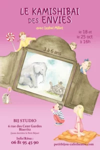 Affiche Kamishibaï des envies. Un dessin de Kamishibaï (théâtre en papier) avec des anfants tout autour