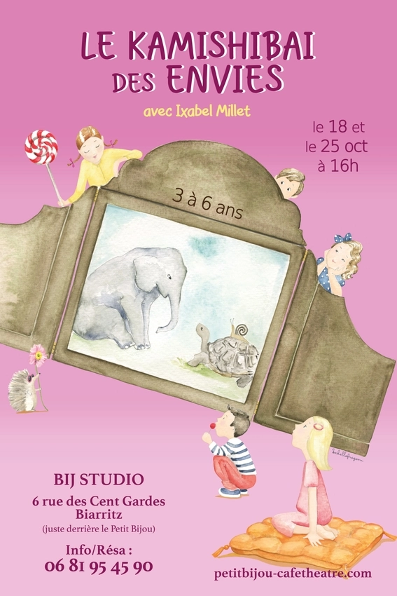Affiche Kamishibaï des envies. Un dessin de Kamishibaï (théâtre en papier) avec des anfants tout autour