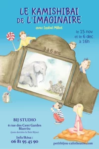 Affiche Kamishibaï de l'imaginaire. Un dessin de Kamishibaï (théâtre en papier) avec des anfants tout autour