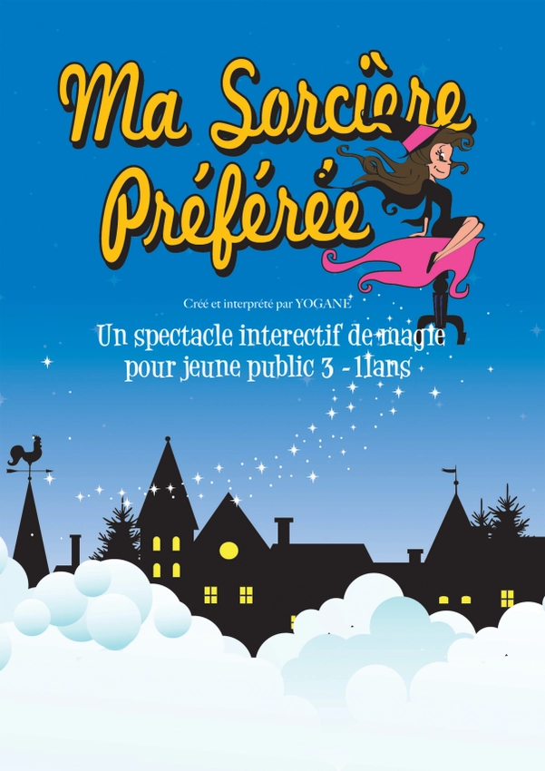 Affiche de "Ma sorcière préférée", dessin d'une ville au loin derrière la neige et survolée d'une jolie sorcière coquine