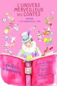dessin d'un personnage lisant des histoires sur fond rose
