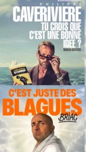 Affiche d'un spectacle à deux : Briac et Caverivière au Petit BIjou. Au dessus Philippe Caverivière en photo, un livre à la main, ses lunettes sur le nez. Il regarde par dessus ses lunettes très sérieux ! En dessous, Briac, en peignoir, dans une posture de César.