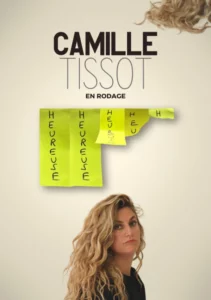 Affiche de Camille Tissot "Heirese" en rodage, u portrait d'elle sur montée de post-ils à la verticale jaune décroissants