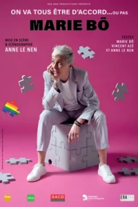 Affiche pour "On va tous être d'accord ou pas" : Marie Bô, assise main doroite sous le menton,, en costume perle