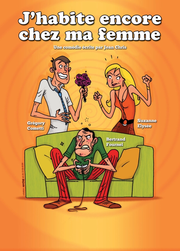 Affiche de "J'habite encore chez ma femme", dessin avec un gros canapé vert pomme, et trois protagonistes