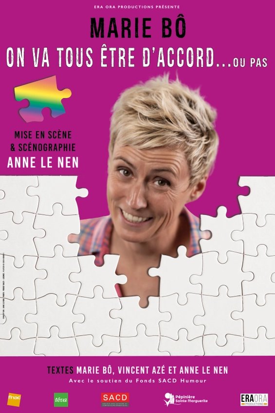 Affiche du spectacle, une photo de l'artiste avec des pièces de puzzle autour de sa tête.