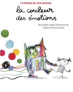 Affiche du spectacle "La couleur des émotions" Dessin enfantin d'un monstre gentil tenant un enfant par la main