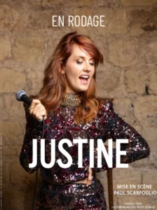 Humour à Biarritz : affiche de Justine, avec Jsutine LePottier en photo de poortrait, robe de soirée, micro et décontraction