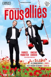 Affiche les fous alliés, photo des deux compères en smoking, l'un debout avec noeud papillon, l'autre en balancoire sur un téléphone géant