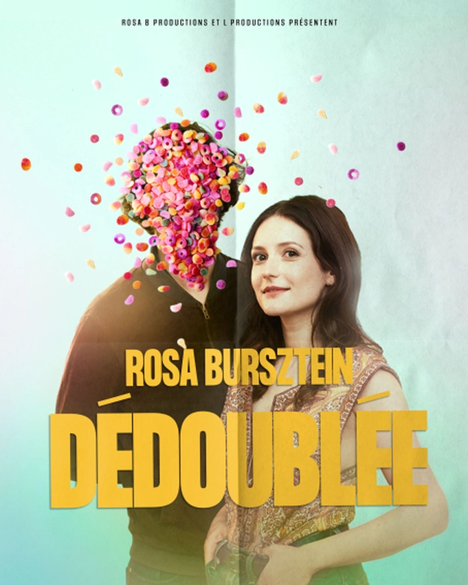 Affiche pour Rosa Bursztein dans Dédoublée. Une photo d'elle meme avec un clone dont la tête est une explosion de confetis roses