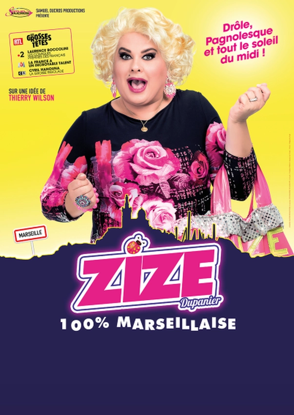 Affiche de 100% MArseillaise avec ZIZE, photo d'elle même avec la silhouette de Marseille. Elle a un sac plastique marqué Zize au braos