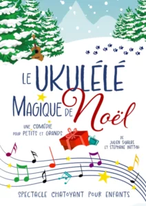 Affiche "Le Ukulele magique de Noël", Dessi d'une colline sous la neige avec des sapins enneigés et une rivière sous forme de partition colorée