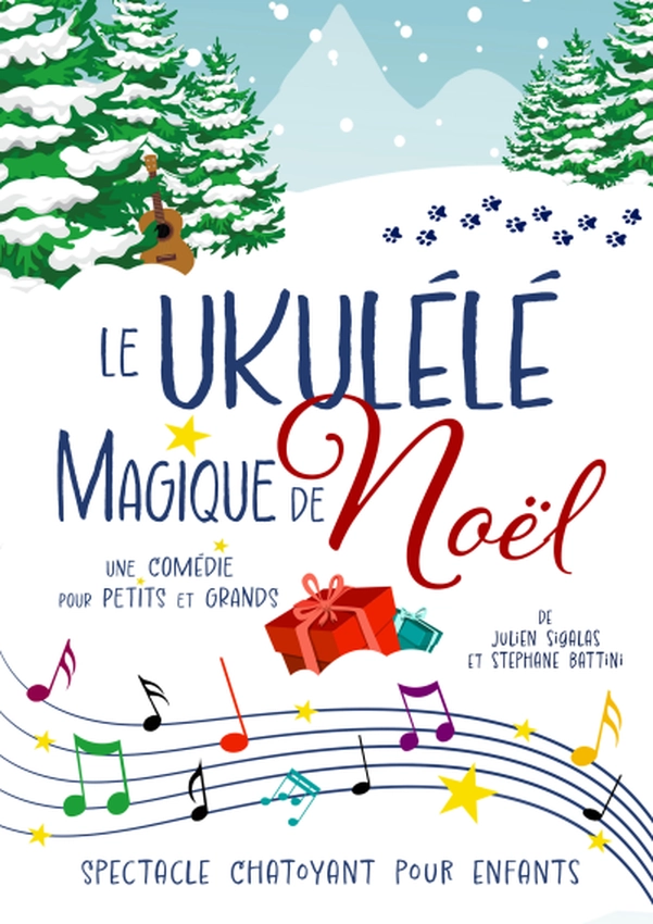 Affiche "Le Ukulele magique de Noël", Dessi d'une colline sous la neige avec des sapins enneigés et une rivière sous forme de partition colorée