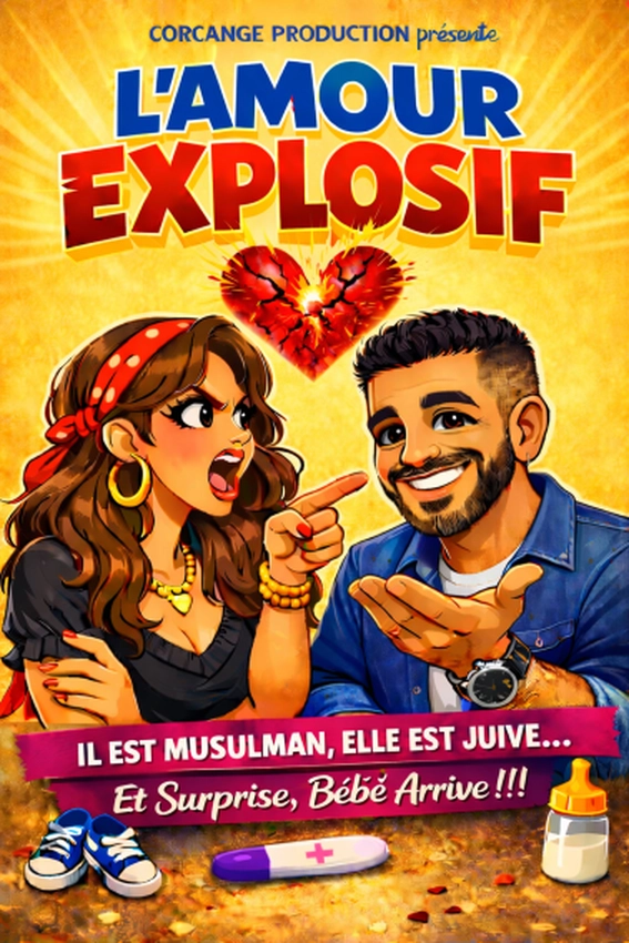 Affiche "Amour explosif", un dessin d'un jeune couple, elle menaçante du doigt, lui souriant et ouvert, un coeur brisé au dessus d'eux